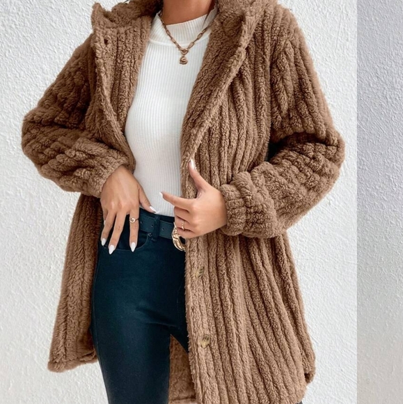 Casual Womens Button Front Hooded Teddy Coat - Picture 6 of 6